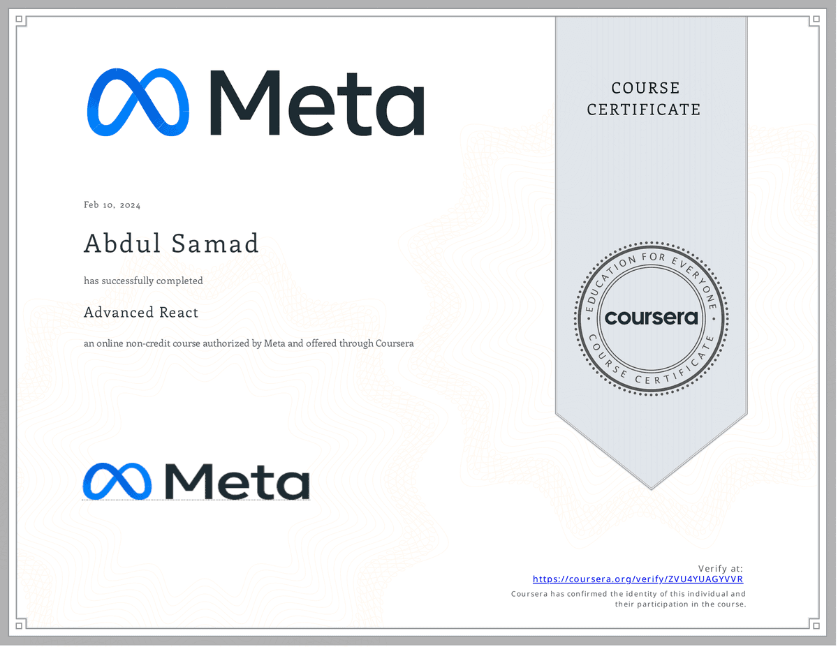 Advanced React.js Course Certificate
